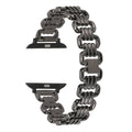 Silver alloy metal link bracelet for Apple Watch on a wrist.