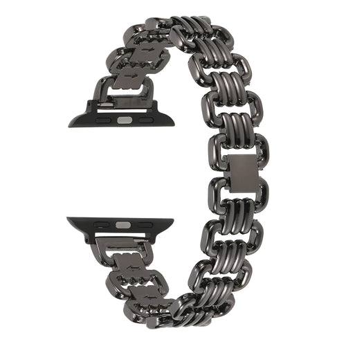 Silver alloy metal link bracelet for Apple Watch on a wrist.