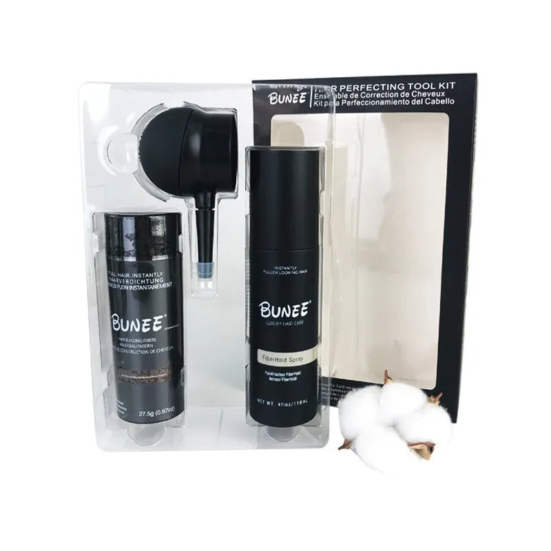 275g can of dense hair fibre powder with application nozzle and shaping spray bottle for thinning hair.