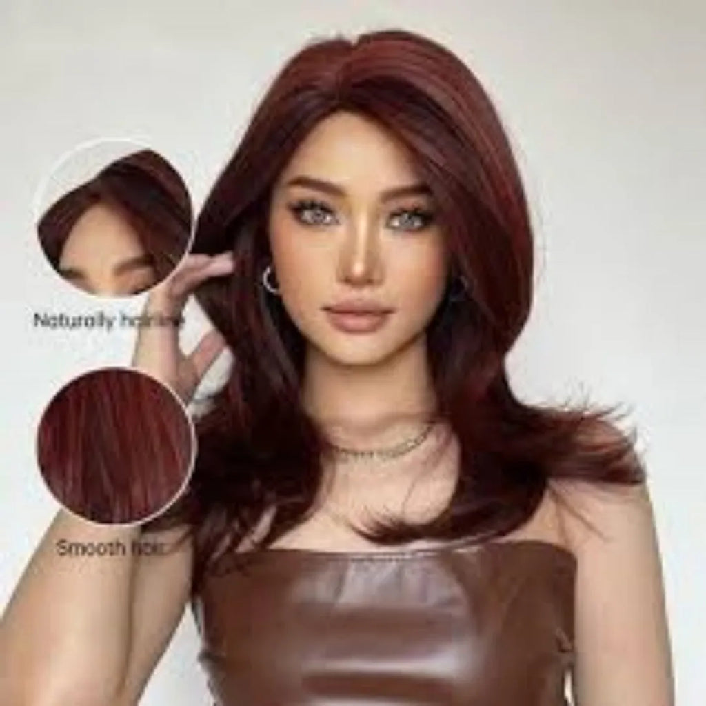 Mid-length curly synthetic wig with bangs in a wine red, brown, and white gold gradient colour.