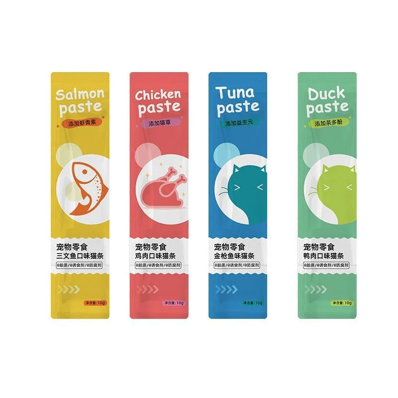 Functional cat strip snacks in four flavours: chicken catgrass, duck tea polyphenol, salmon astaxanthin, tuna prebiotics