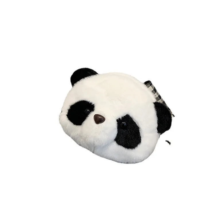 Plush panda head design crossbody shoulder bag with soft cylindrical shape
