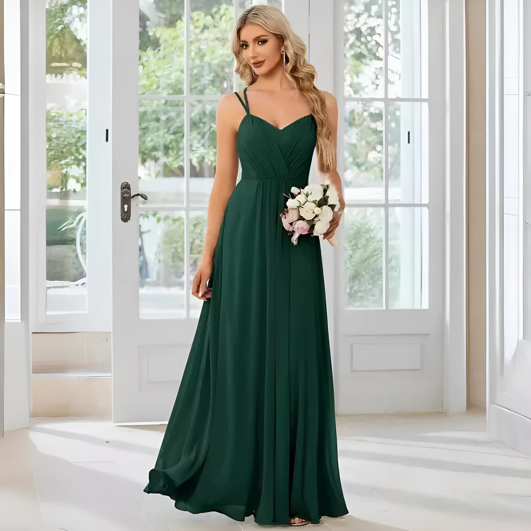 Women's sleeveless A-line long dress with pleated skirt in light green polyester fabric