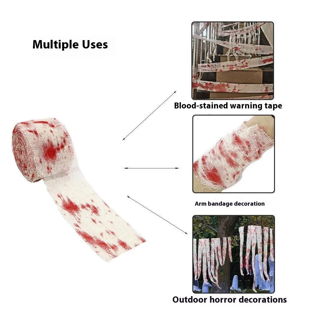 Halloween horror style bloody red dyed gauze bandage roll made from polyester fibre.