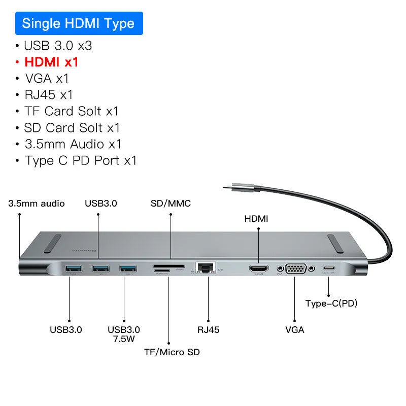 Grey aluminium USB C docking station with ten ports and an integrated laptop cooling bracket.