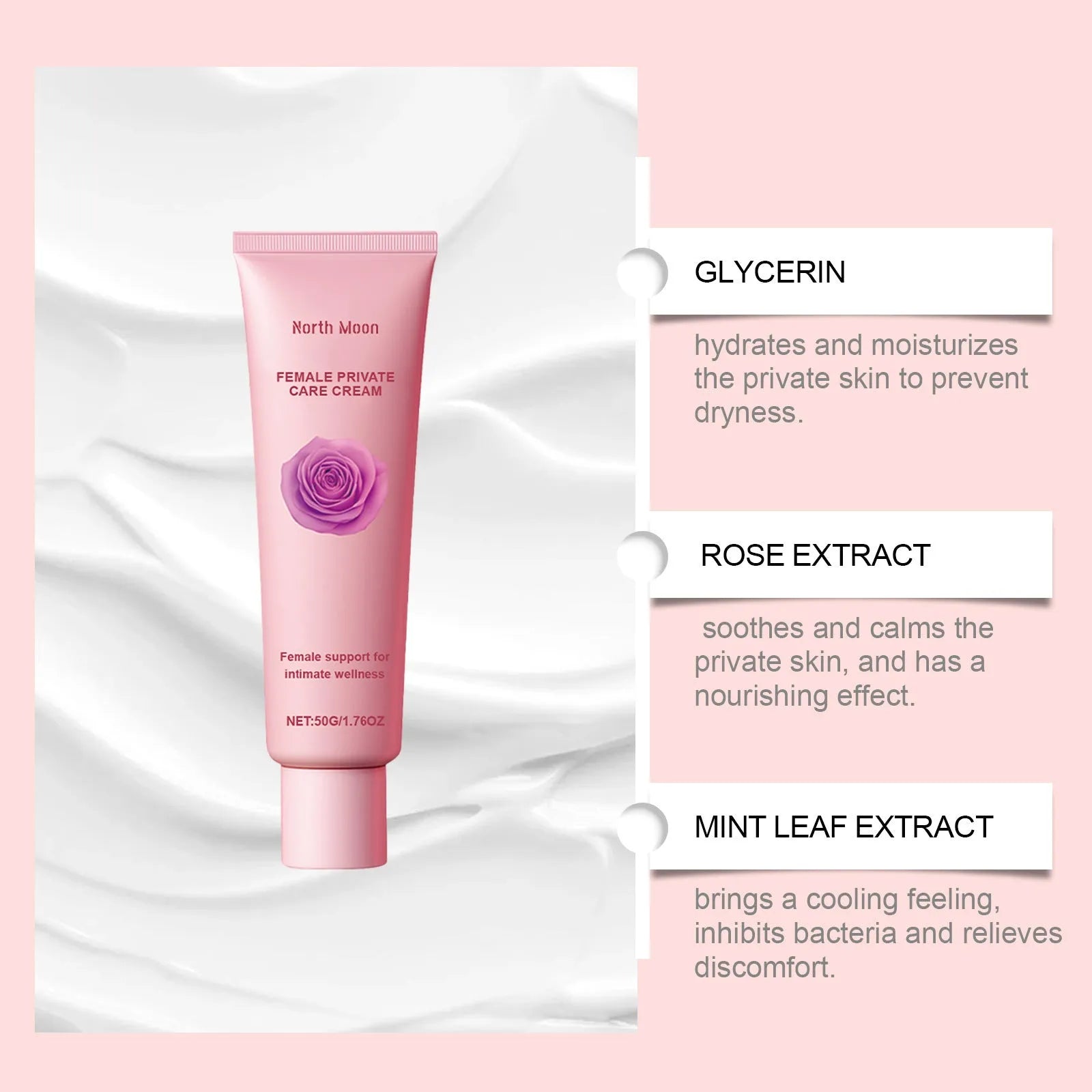 50g jar of gentle moisturising cream with rose and peppermint extracts for daily skincare