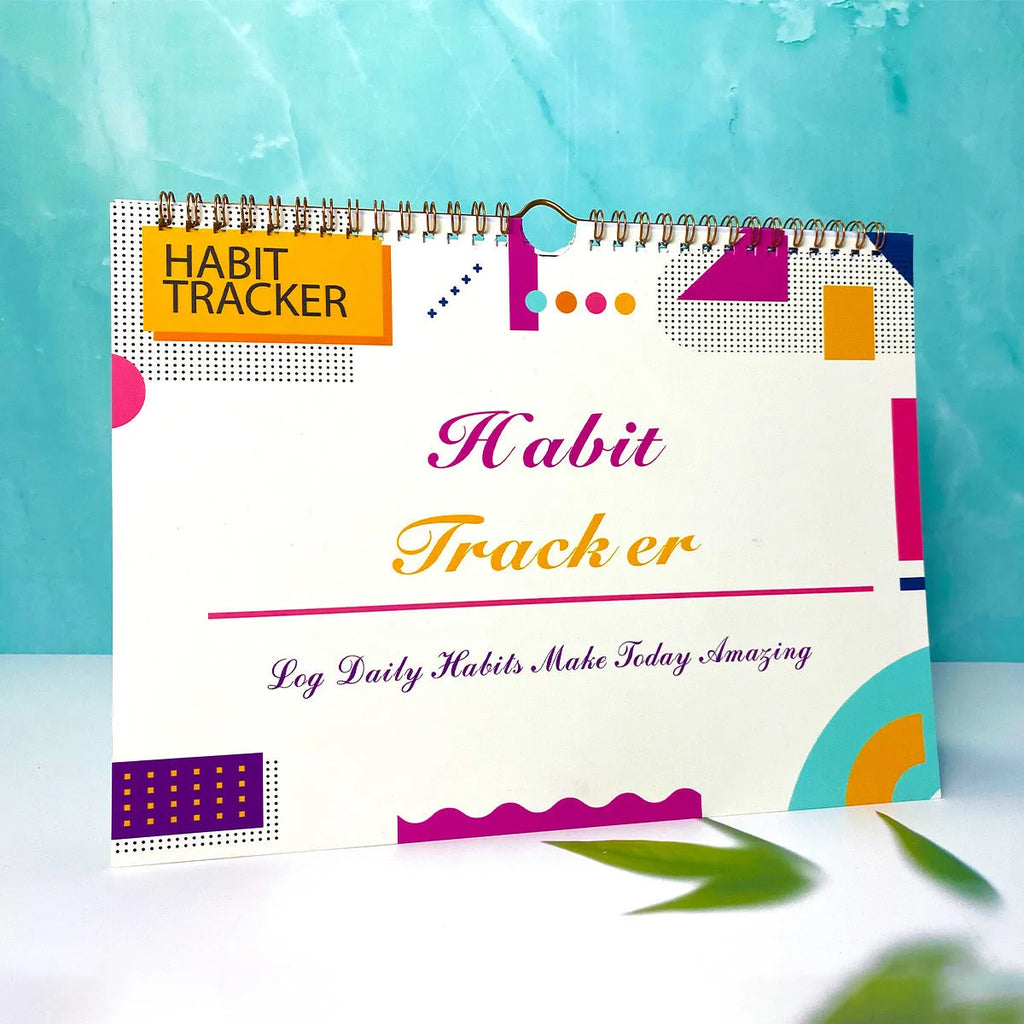 Habit tracking device showing 12 internal pages for schedule planning in various colour options