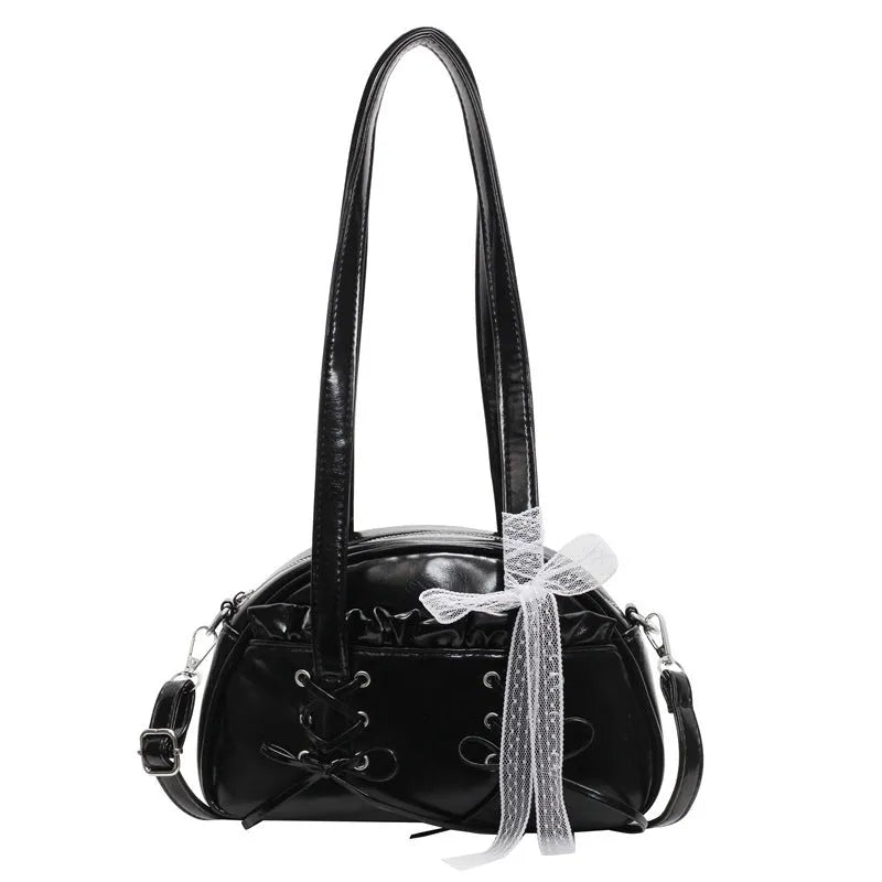 Women's casual PU leather handbag with bandage bow detail and crossbody strap