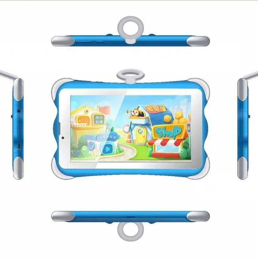 7-inch children's learning tablet in cartoon colours, shown with its foldable stand open, on a table.