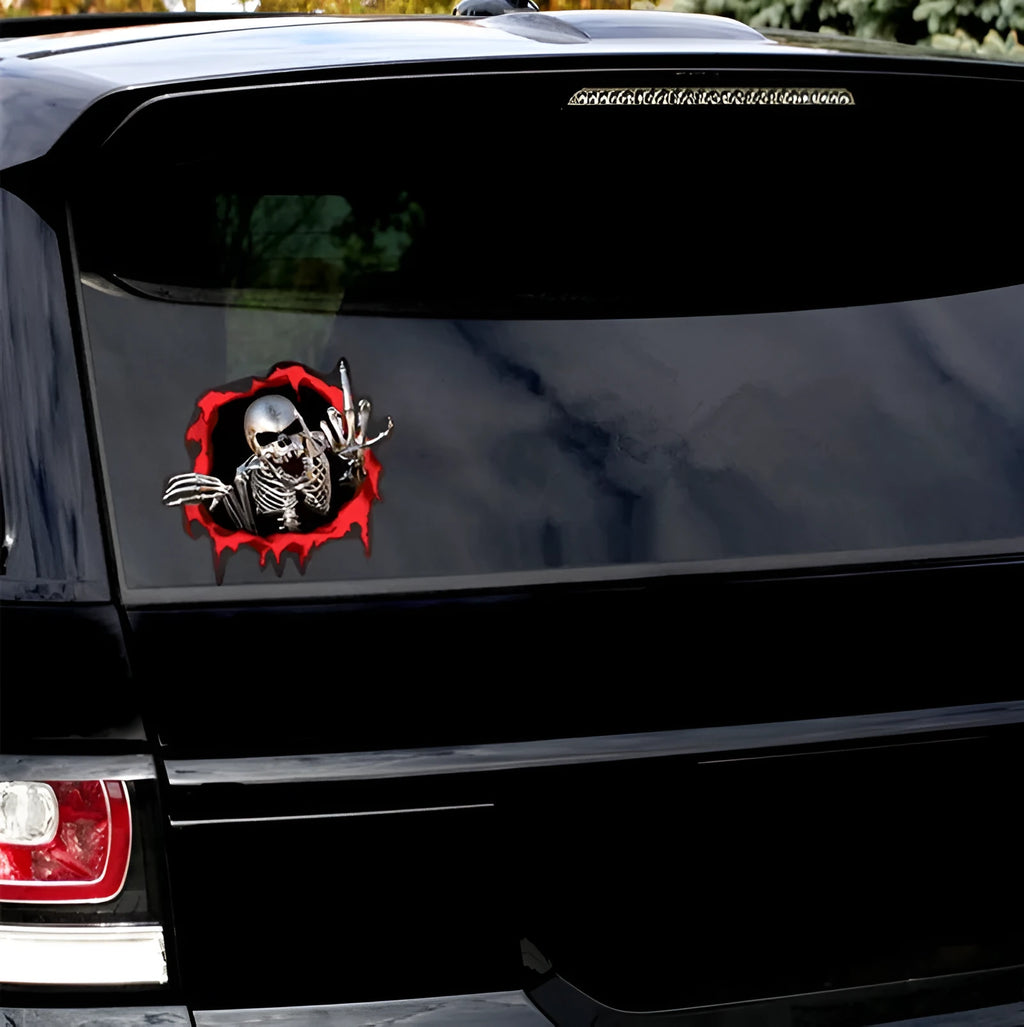 Colourful broken shell design metal skull car sticker measuring 15 by 14 centimetres