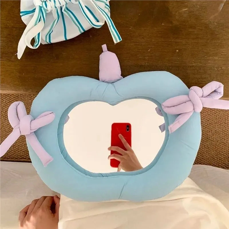 Korean-style decorative pillow mirror with fabric covering and aluminium lens in apple green colour