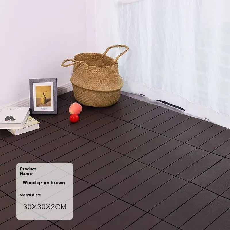 Pack of ten wood grain plastic floor tiles showing splicing edges and non-slip texture