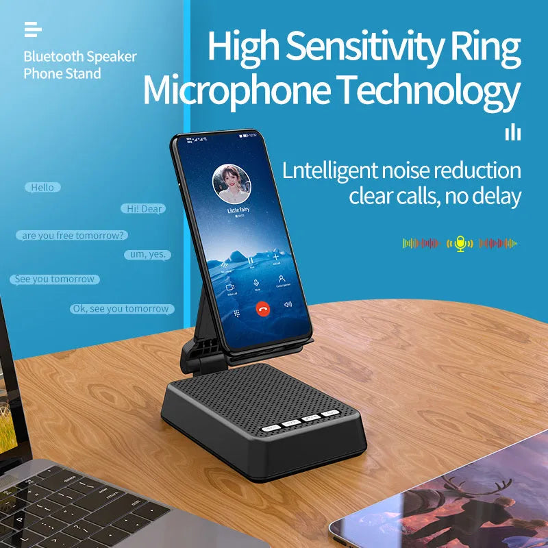 Black mobile phone stand with Bluetooth speaker and microphone for desk use