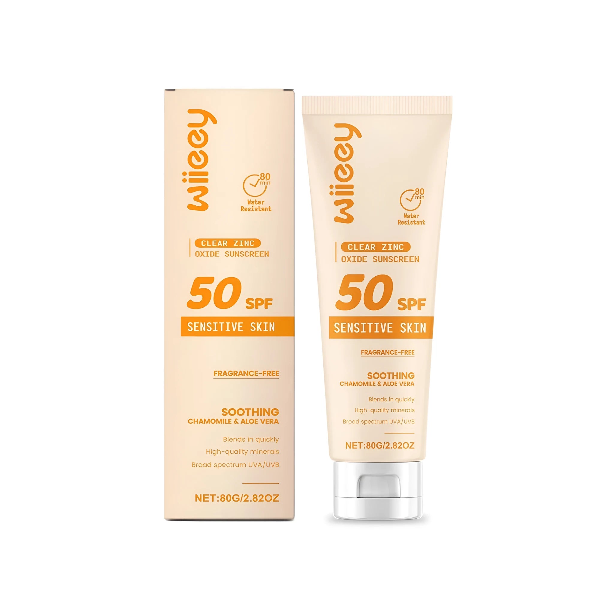Clear zinc oxide mineral sunscreen tube with SPF protection, 80g size
