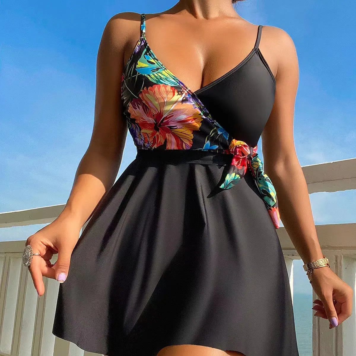 Black women's high waist bikini briefs with printed split front design