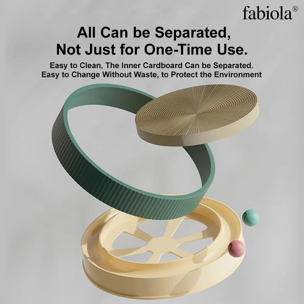 Large circular cat scratching board with integrated ball toys and replaceable cardboard core