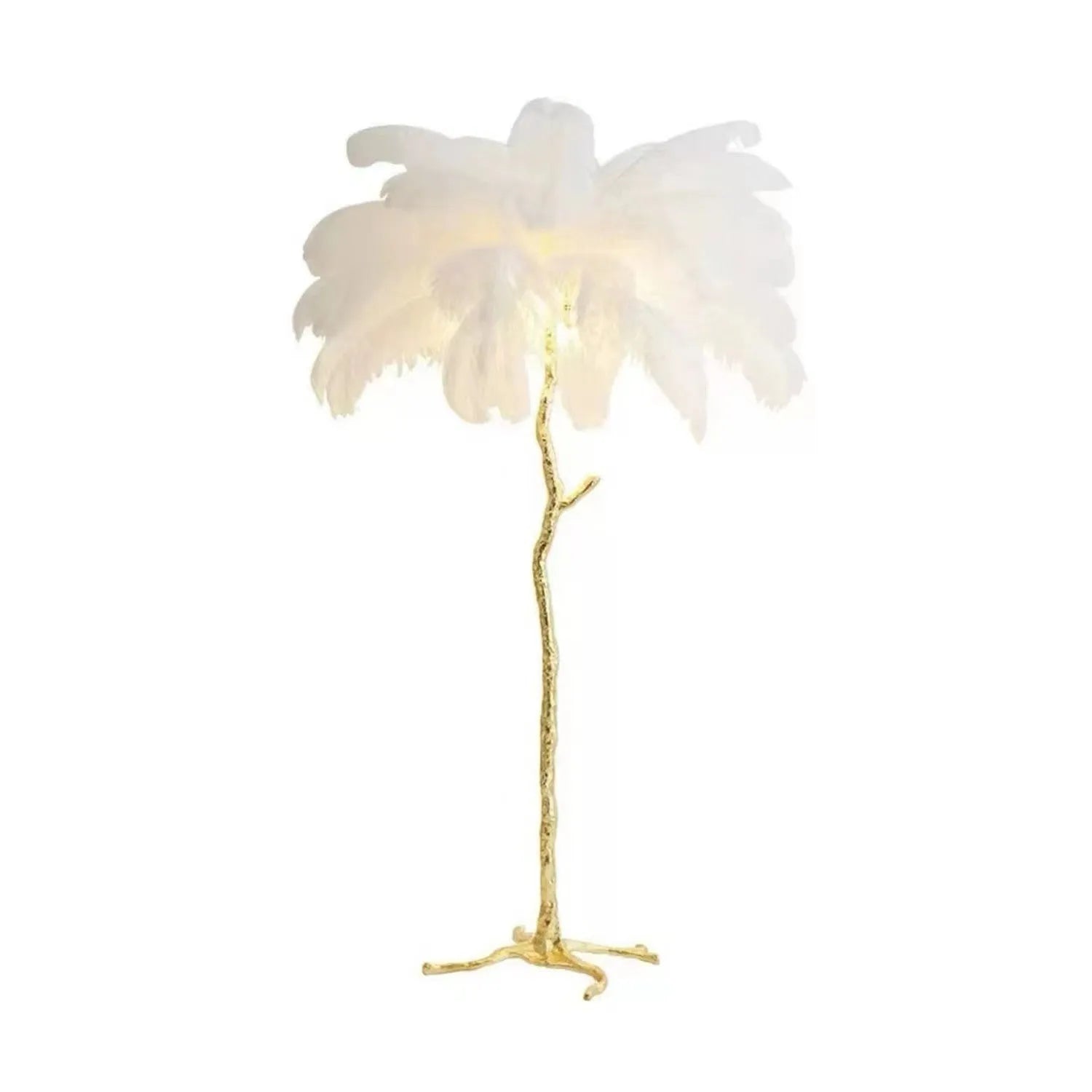 Tall decorative floor lamp with cluster of white resin feathers, standing 170cm high in a living room.