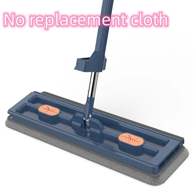 Large flat mop with long stainless steel handle and blue cleaning cloth on hard floor