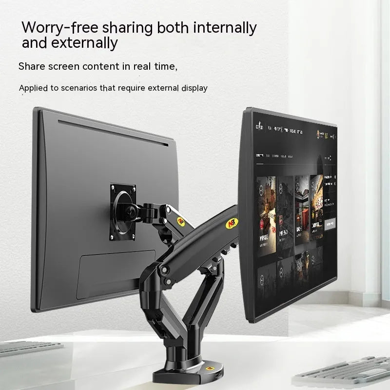 Dual screen monitor lifting bracket made of aluminium and black ABS plastic, showing VESA mount compatibility.