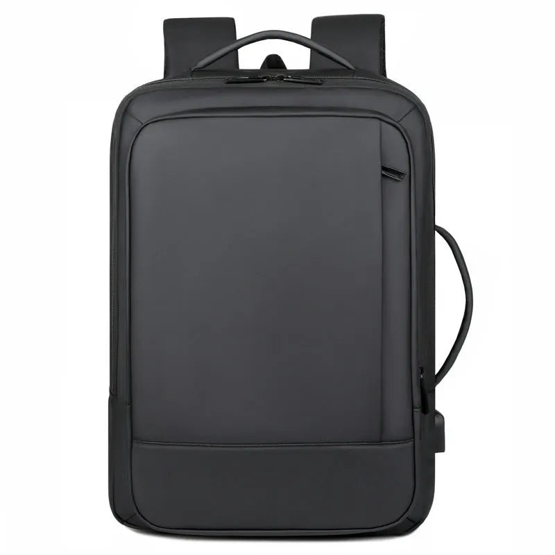 Large capacity waterproof backpack in black or grey Oxford cloth with curved shoulder strap and hand-carry handle