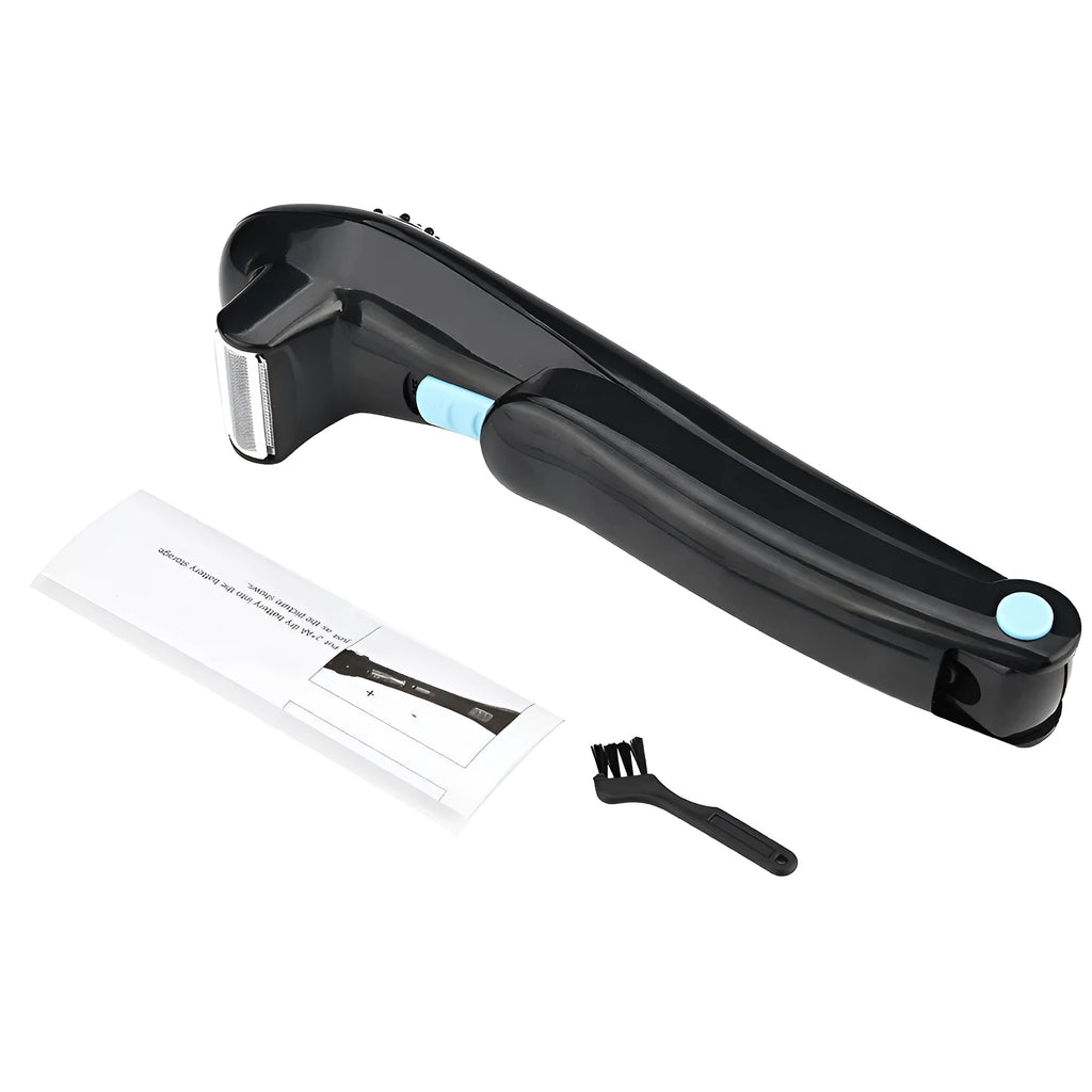 Black women's electric body shaver with folding hair back compartment for battery-powered hair removal