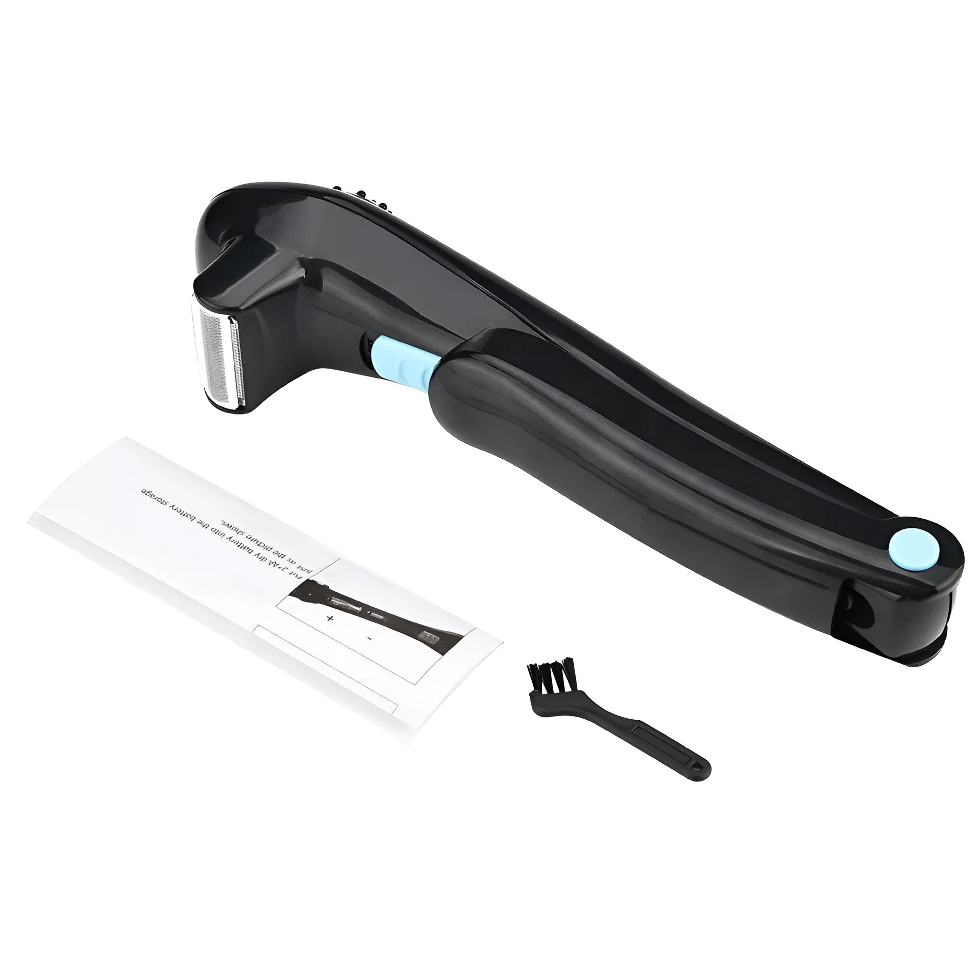 Black women's electric body shaver with folding hair back compartment for battery-powered hair removal