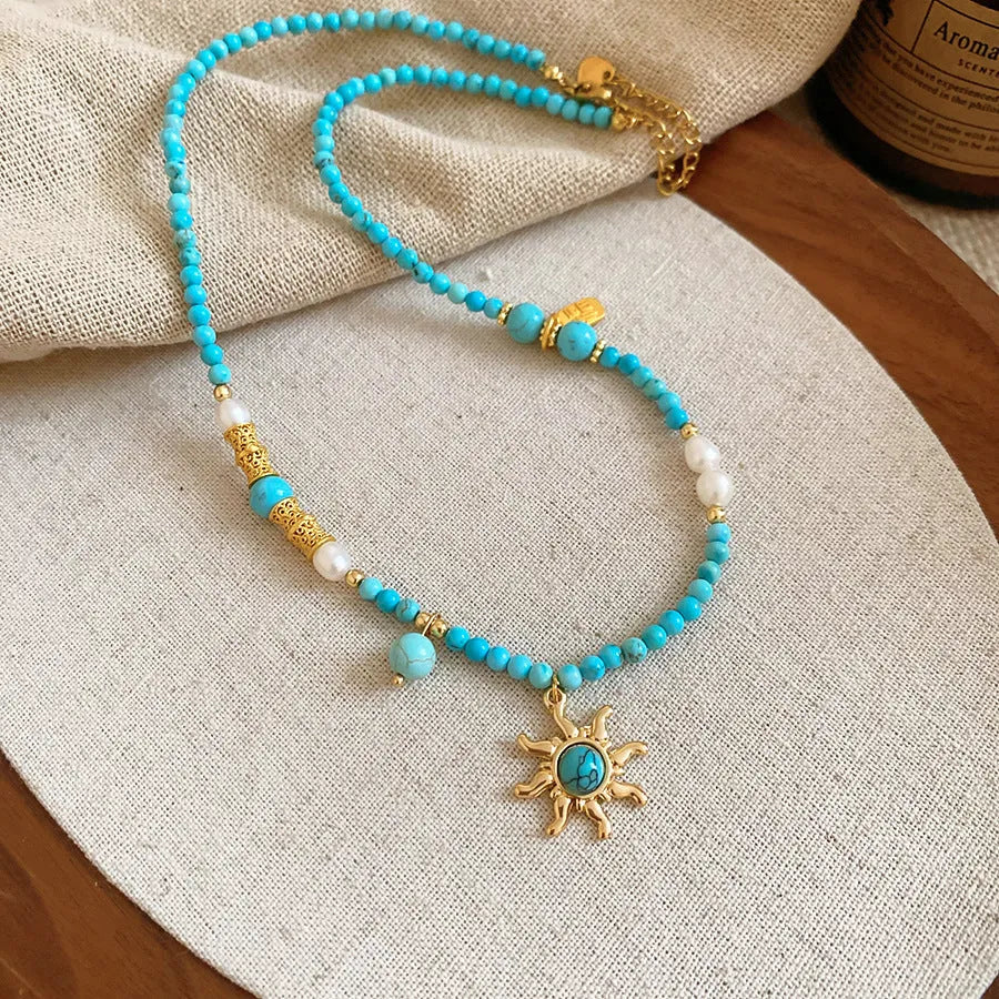 French royal style freshwater pearl necklace with stone sun pendant on 41-50cm clavicle chain