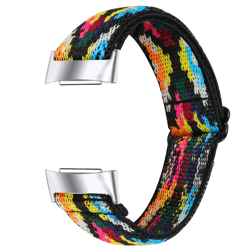 Printed elastic watch strap for Fitbit Charge 6 in various colours including rainbow