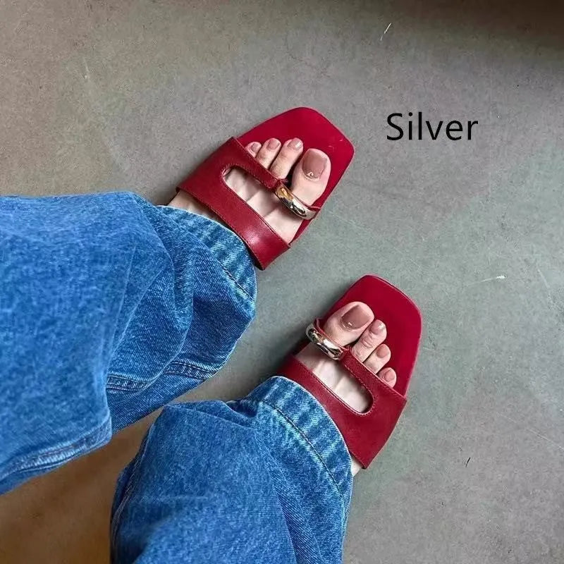 Plus size square head leather slippers with rubber sole in black, red, silver, or white colours