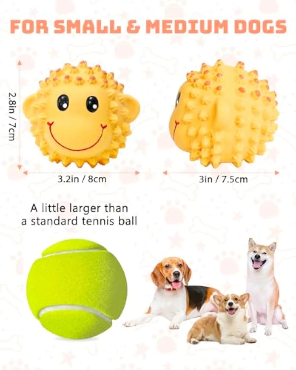 Orange and yellow latex dog toys with spiky surfaces and animal designs