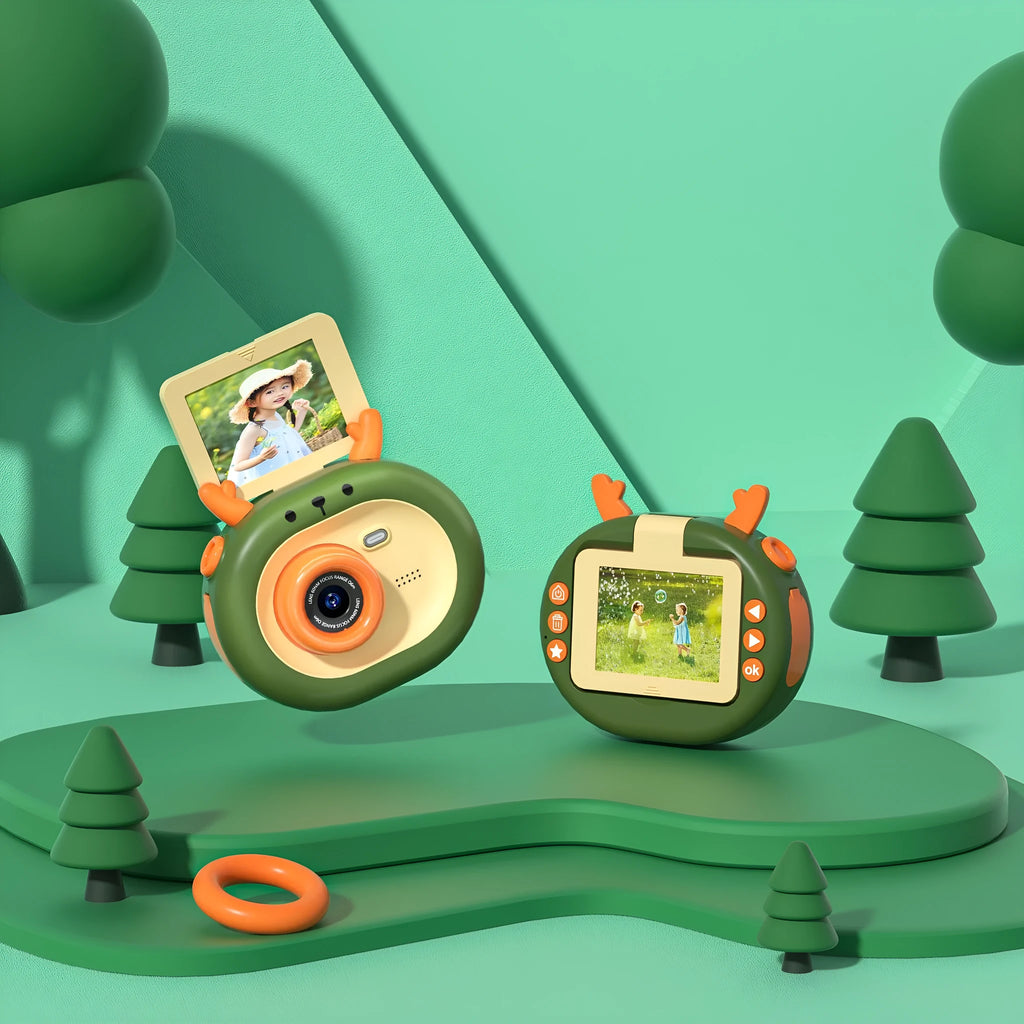 Purple children's digital camera with flip screen, silicone case lanyard, and USB cable on a cartoon map.
