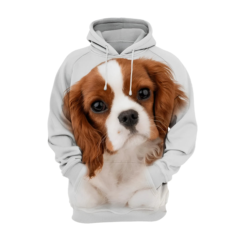 Animal dog 3D printed hoodie pullover in orange and black pattern on a fabric background