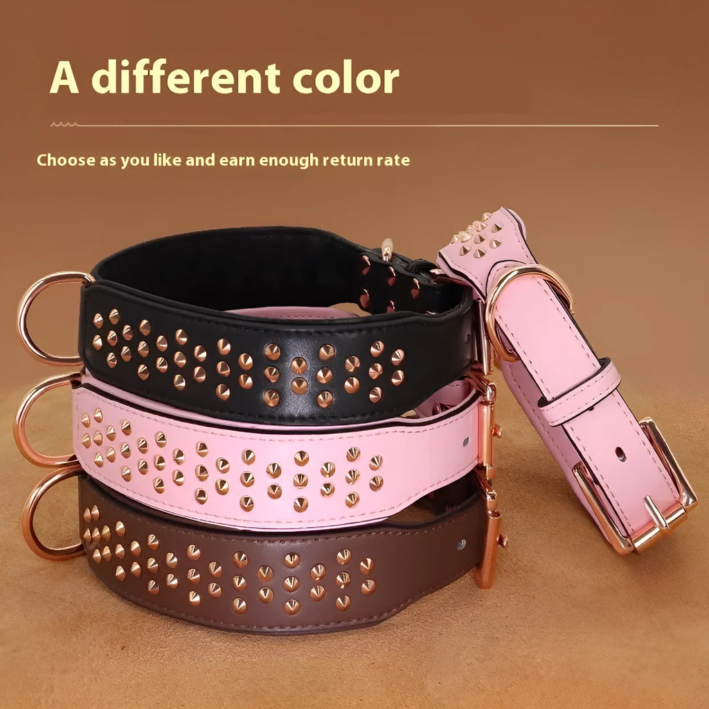 Leather dog collar with metal anti-bite rivets in black, chocolate, or pink colour options.