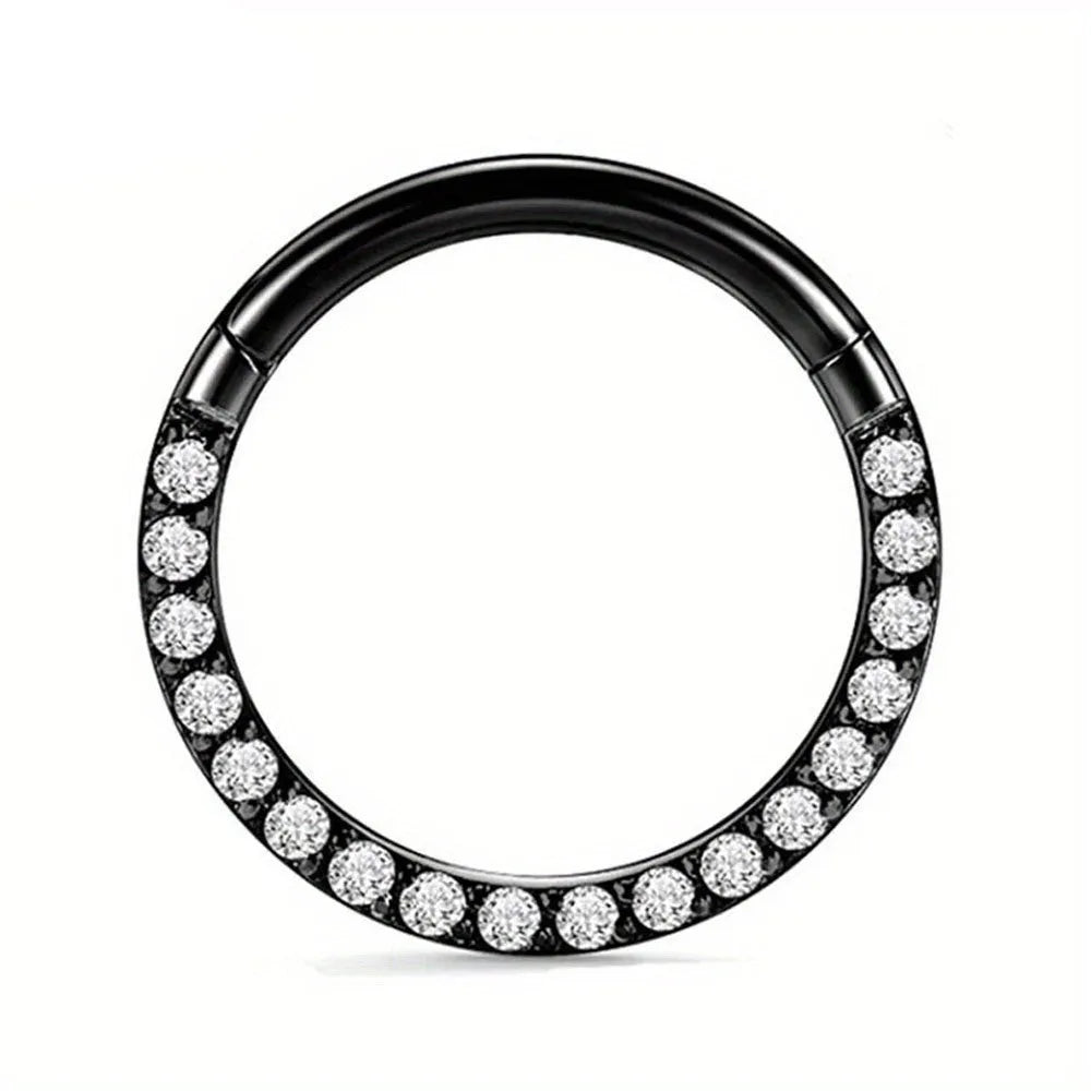 A round stainless steel seamless nose ring shown in gold, rose gold, black, and steel colour finishes.