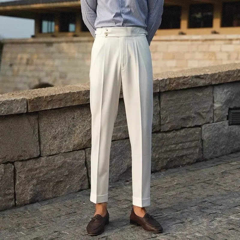 Men's slim fit straight leg suit trousers in black, white, or apricot colour.