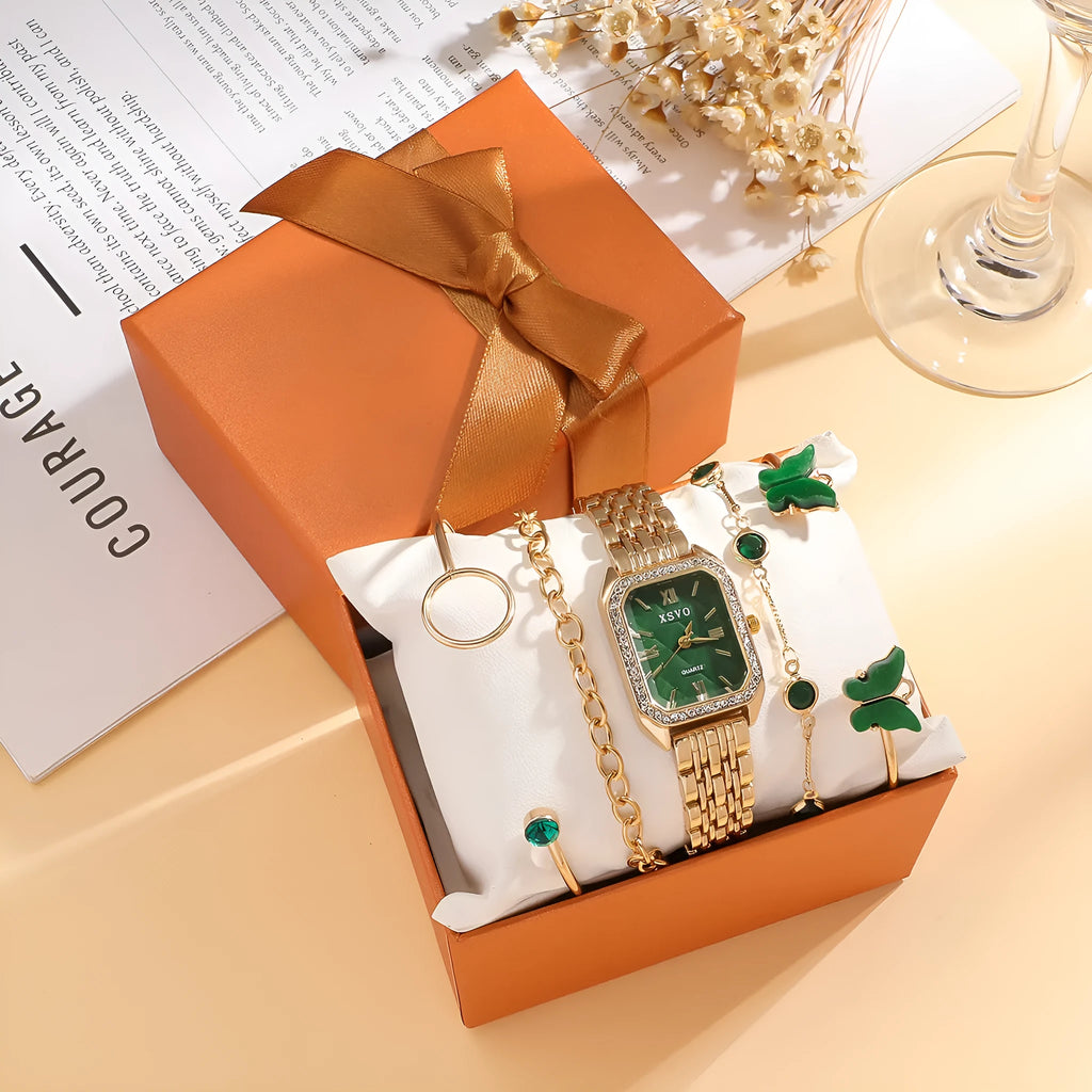 Gold green square women's watch with four matching bracelets in five-piece fashion jewellery set