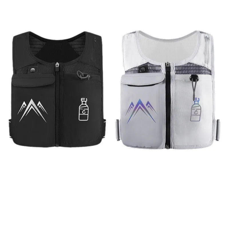 Sports running vest with integrated mobile phone bag in breathable mesh fabric