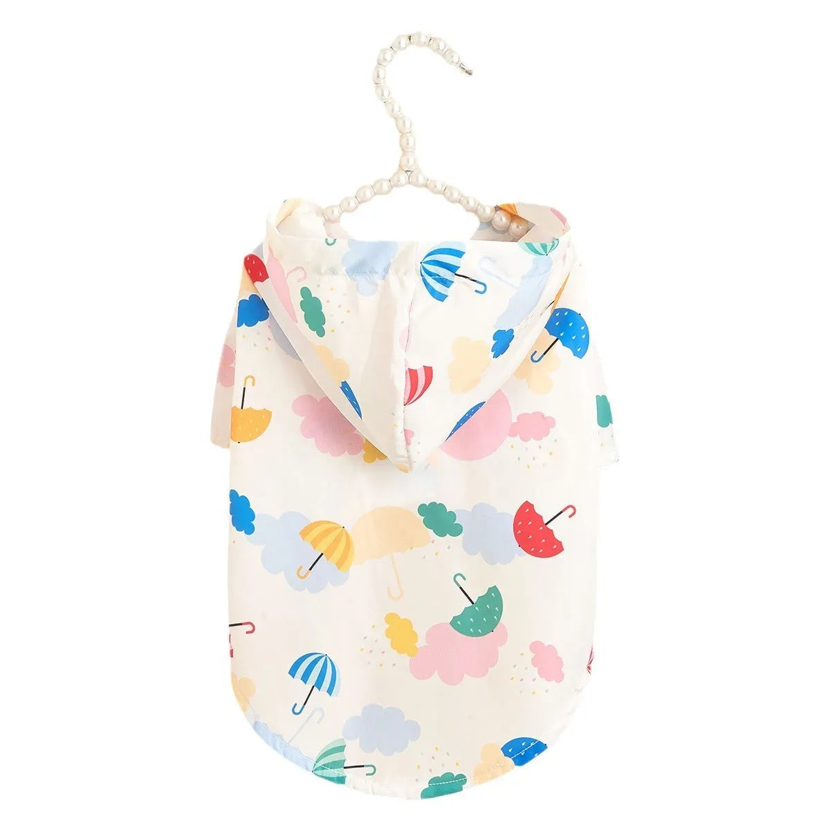 Colourful cartoon umbrella pattern polyester raincoat for a small dog, featuring a hood.