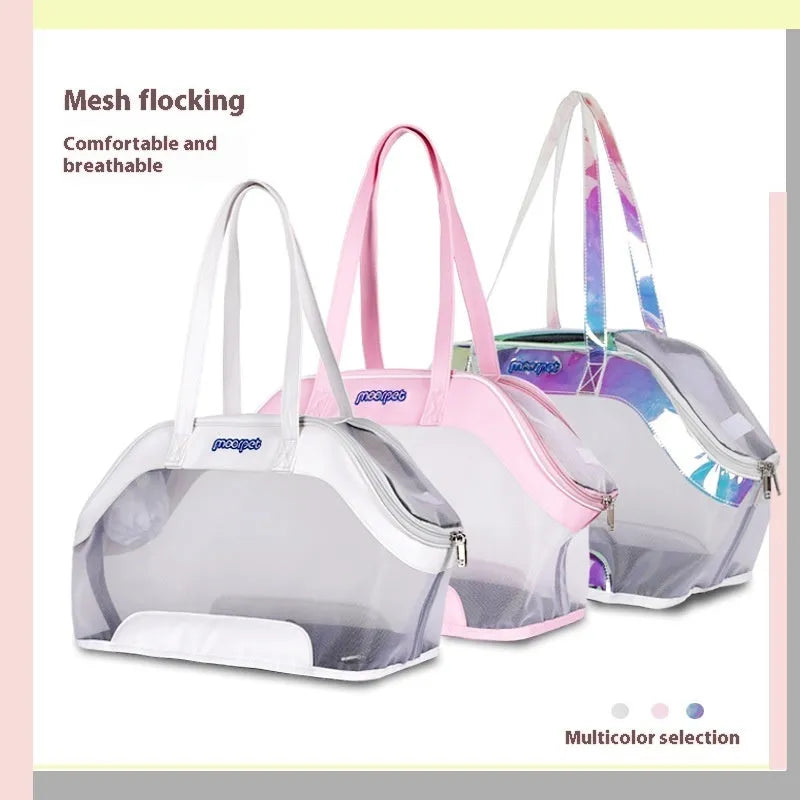 MOORPET leather cat carrier bag with handle, shown in a solid colour, for outdoor pet travel.