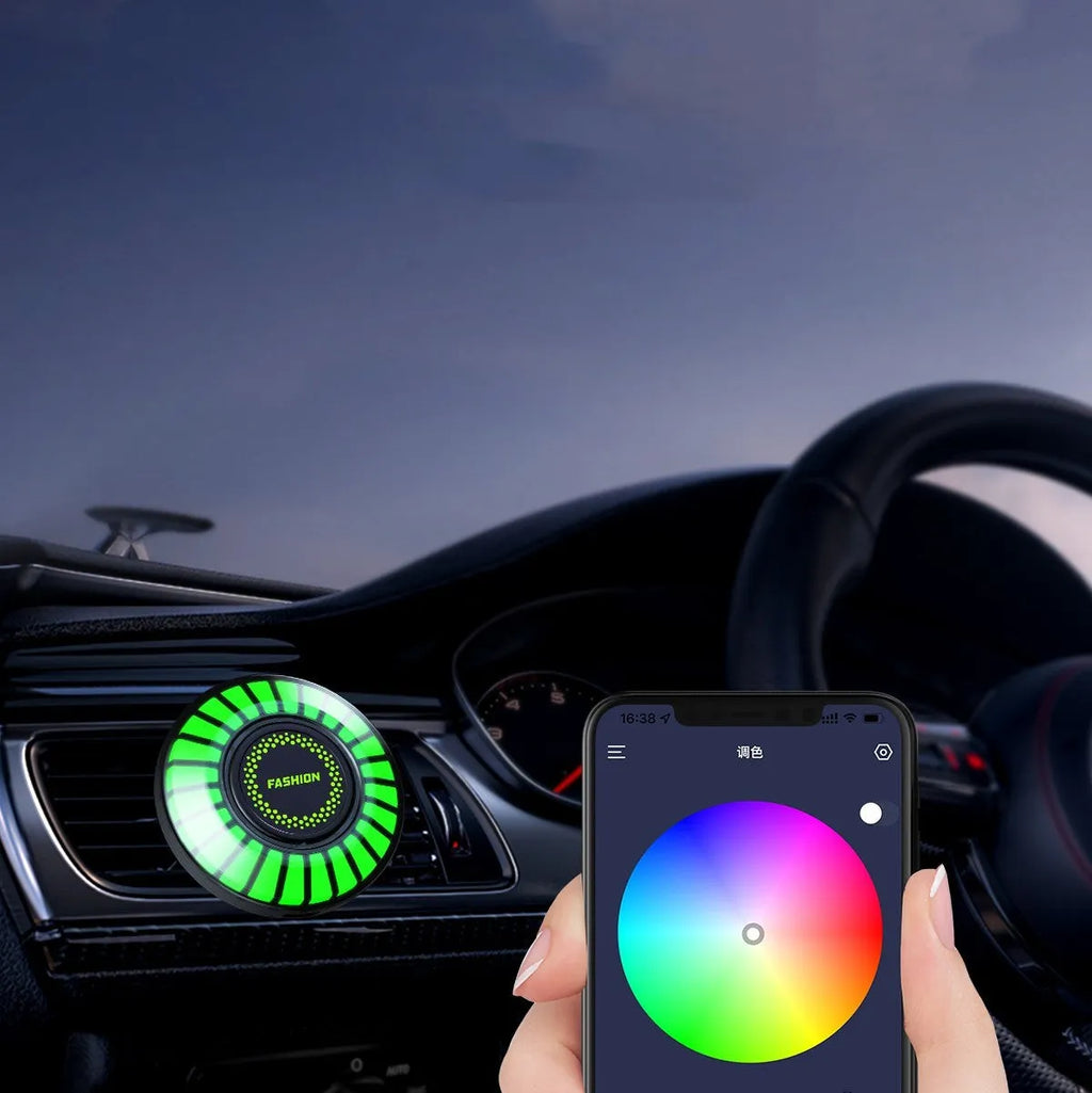 3D RGB voice-controlled car atmosphere light with aromatherapy diffuser mounted on car air vent