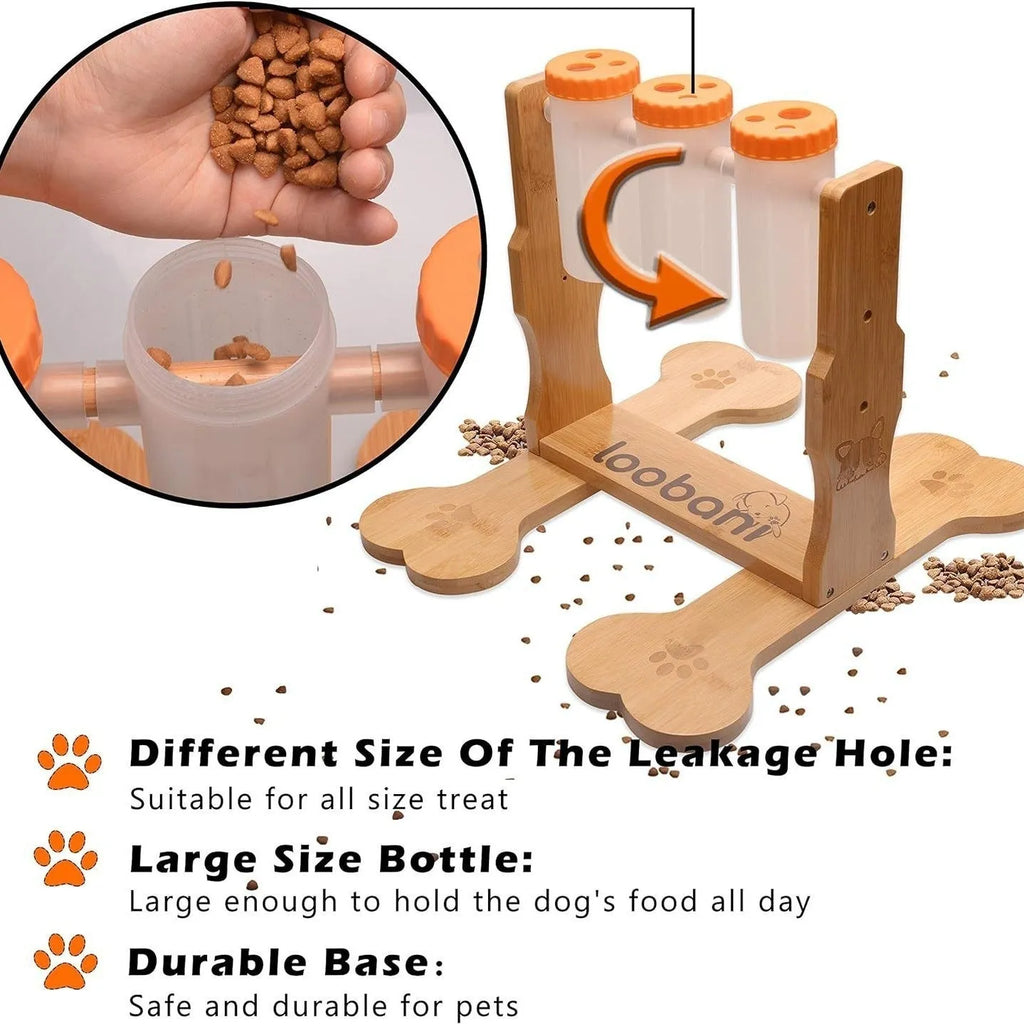 Natural wood colour dog puzzle toy and snack dispenser measuring 31 by 30 by 20 centimetres.