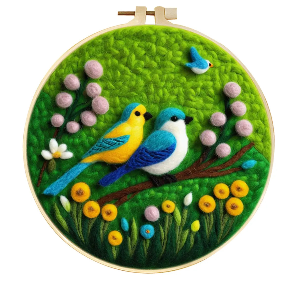 Round linen embroidery kit with wool felt materials for three-dimensional floral design