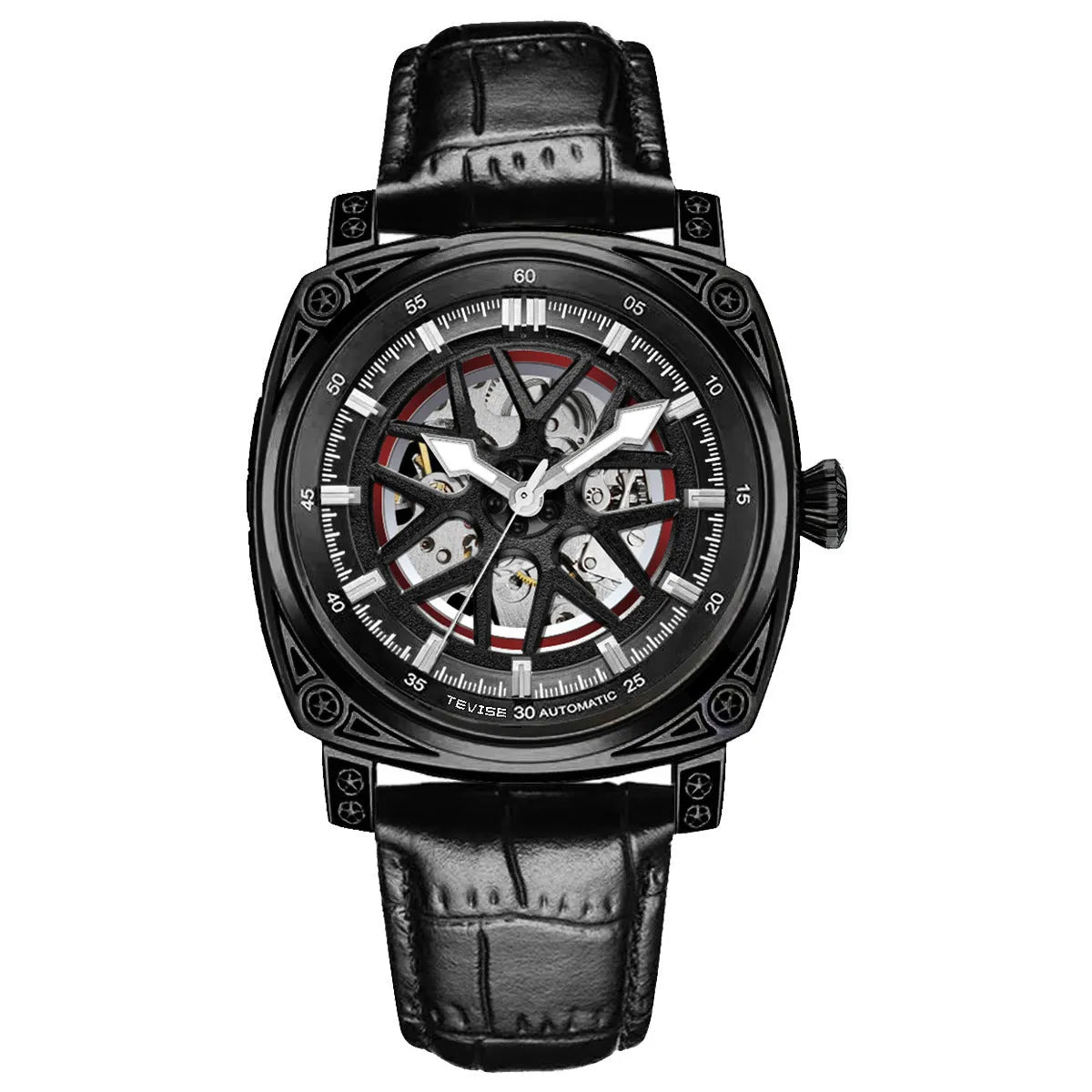 Stainless steel automatic mechanical men's watch with leather strap in blue, black, rose white or white colour options