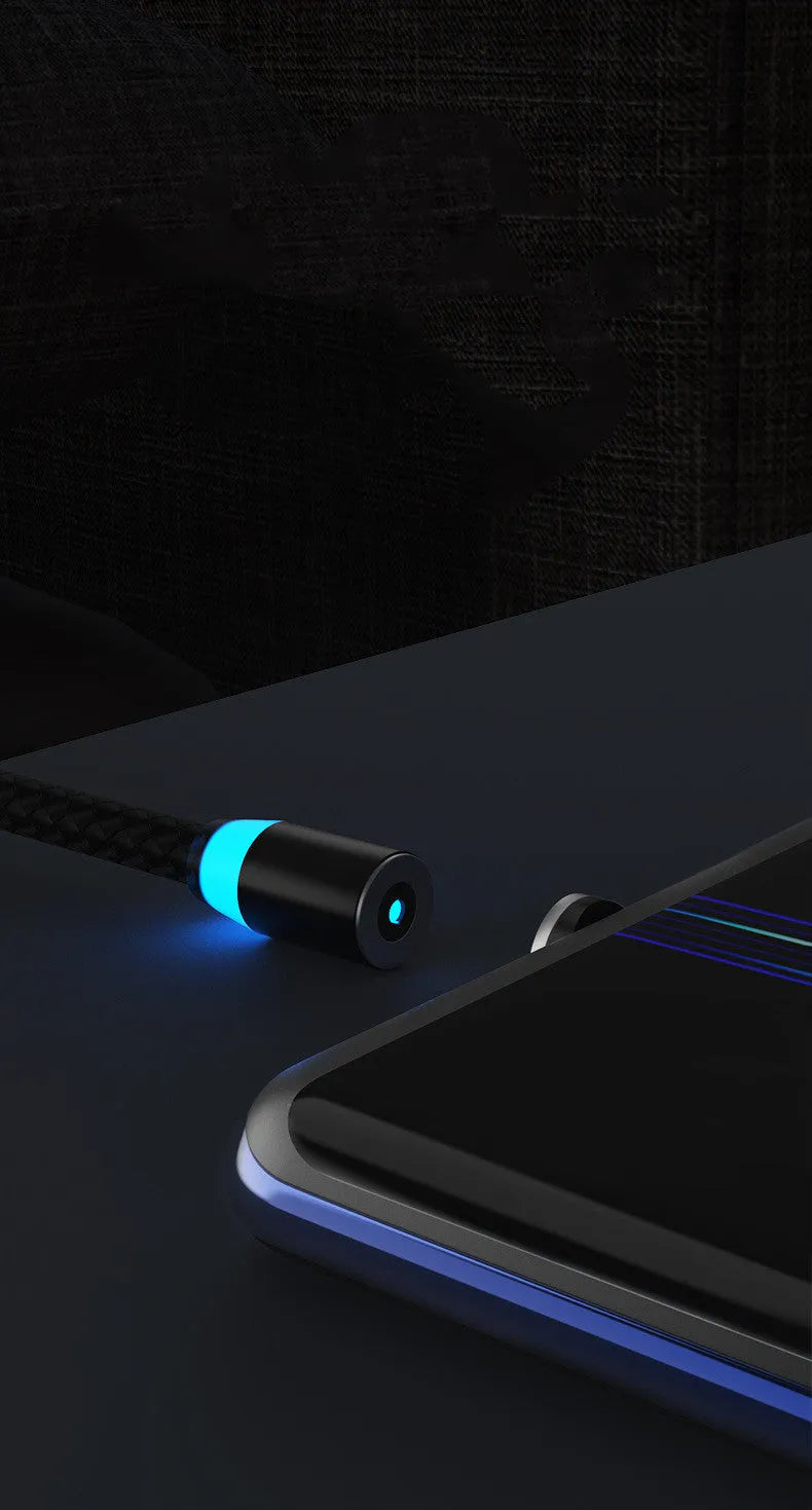 Multi-colour magnetic phone charging cable with breathing LED light and magnetic adapters for USB-C, Lightning, and Micro USB.