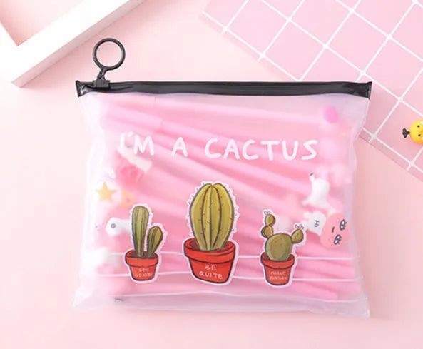 Set of twenty 0.5mm black pens with cactus cartoon designs inside a matching plastic pen case.