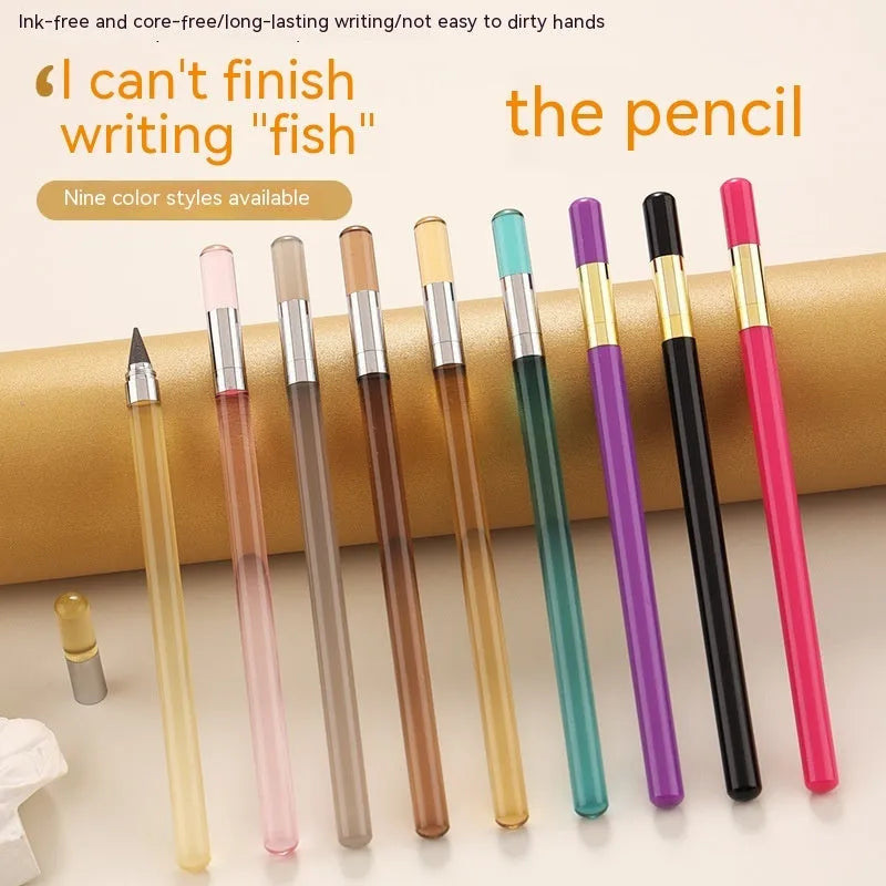 Transparent acrylic eternal pencil with alloy writing nib showing coloured graphite refill inside