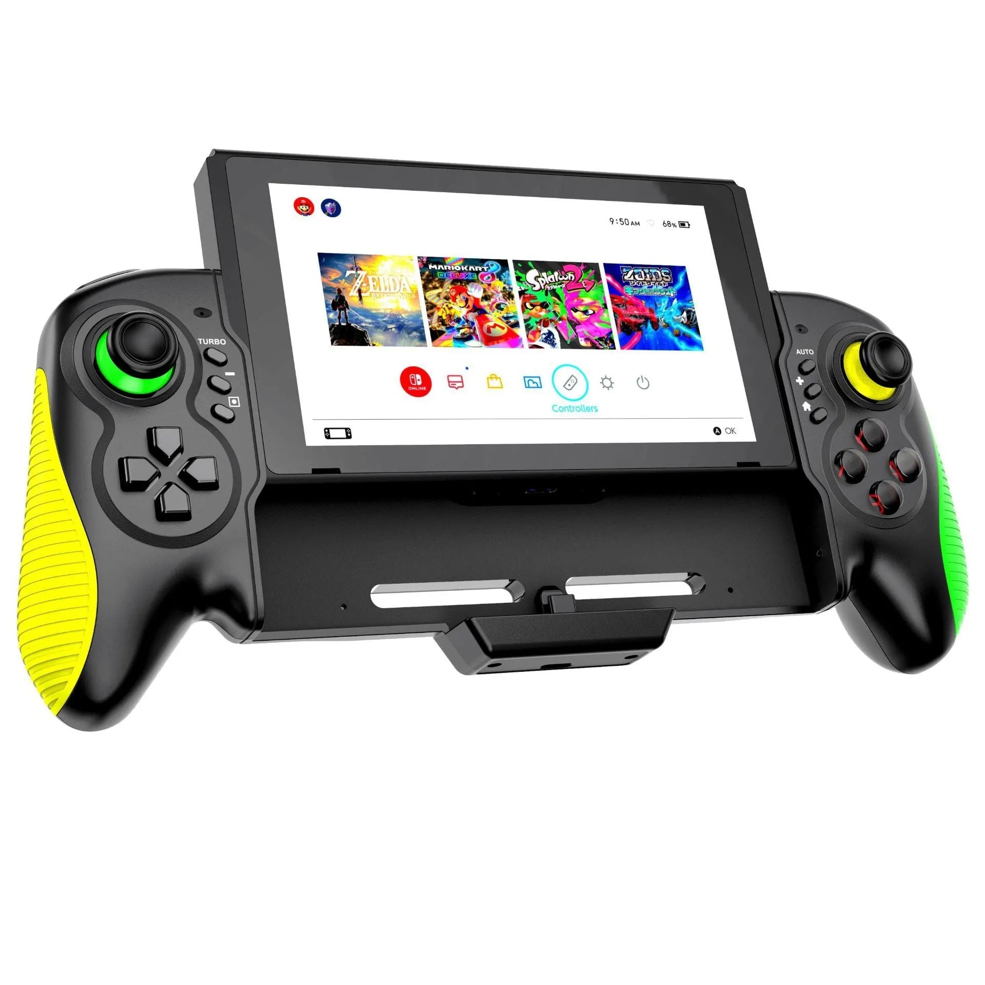 Yellow-green ABS plastic game controller with in-line grip design for Switch and PC