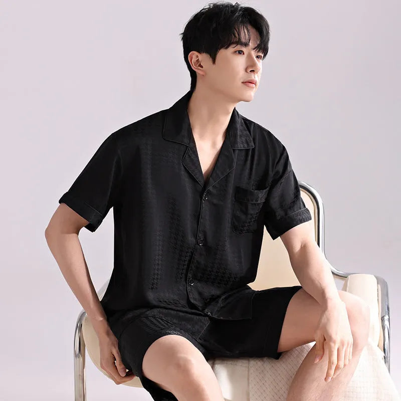 Men's ice silk pajama set in a blue houndstooth pattern, showing cardigan top and shorts.