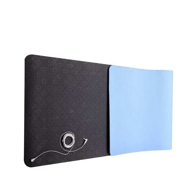 Blue conductive grounding yoga mat with plant pattern and grounding wire, size 182x61cm.