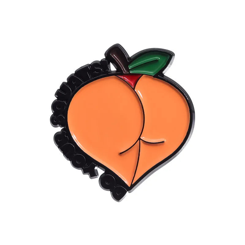 Colourful cartoon fruit design metal brooch with letters on a zinc alloy pin.